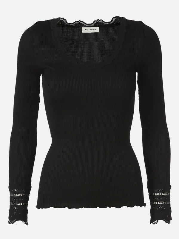 Rosemunde - Langarmshirt in schwarz mit Spitze im Ausschnitt & Ärmeln für Frauen