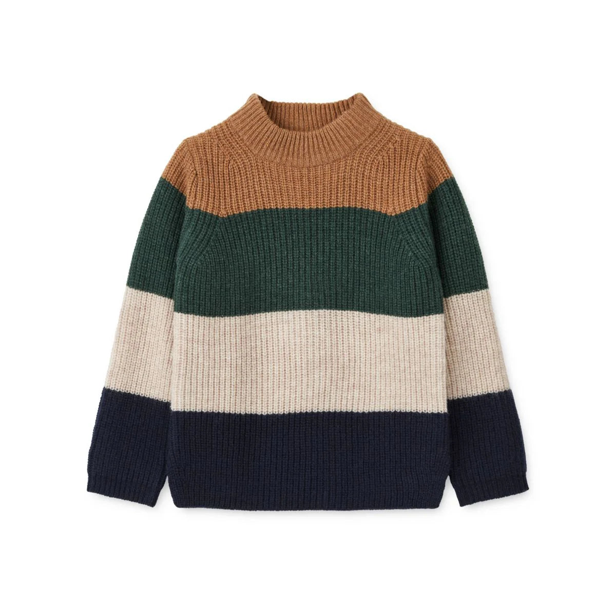 Der Strickpullover Cali ist aus 100 % Bio-Wolle gefertigt und hat einen Halbstrickjackenstich, Seitenschlitze, Stehkragen und kontrastfarbene Details.
