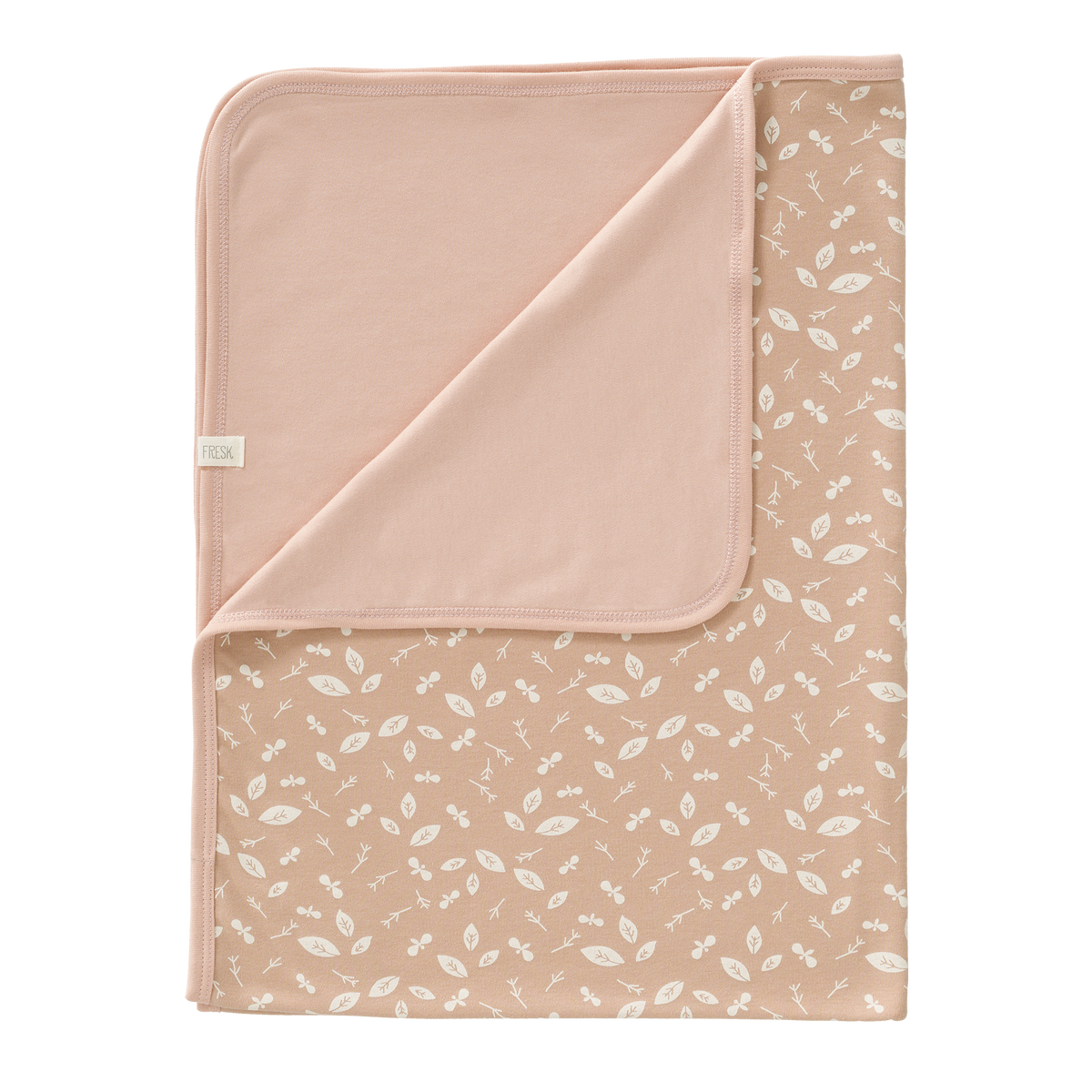 Babydecke mir Blätterprint in rosa aus Biobaumwolle, fair produziert von Fresk in Niederlande