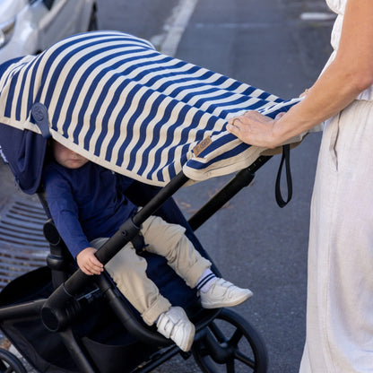 Cloby - Babydecke/ Sonnenschutz mit UV-Schutz 50 Streifen blau/ beige