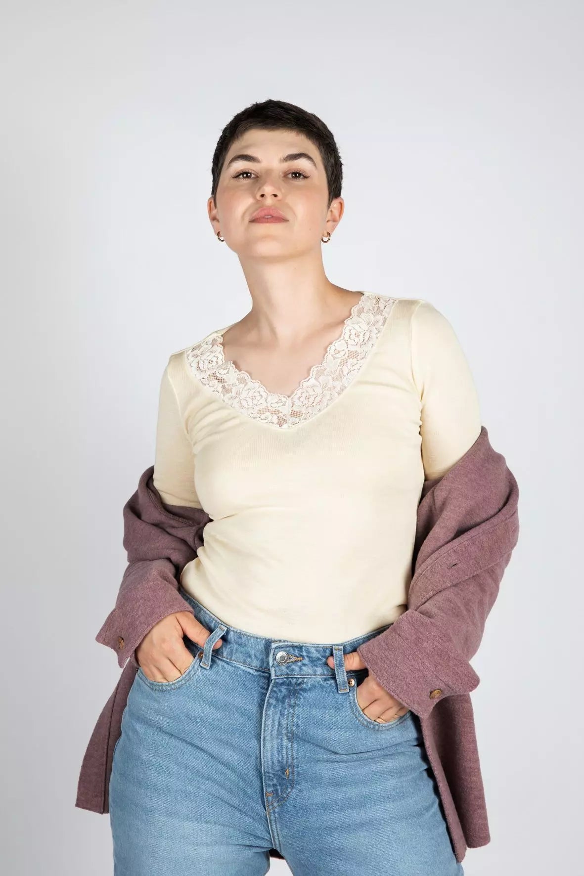 Engel -  Damen Langarmshirt Wolle/Seide mit Spitze natur