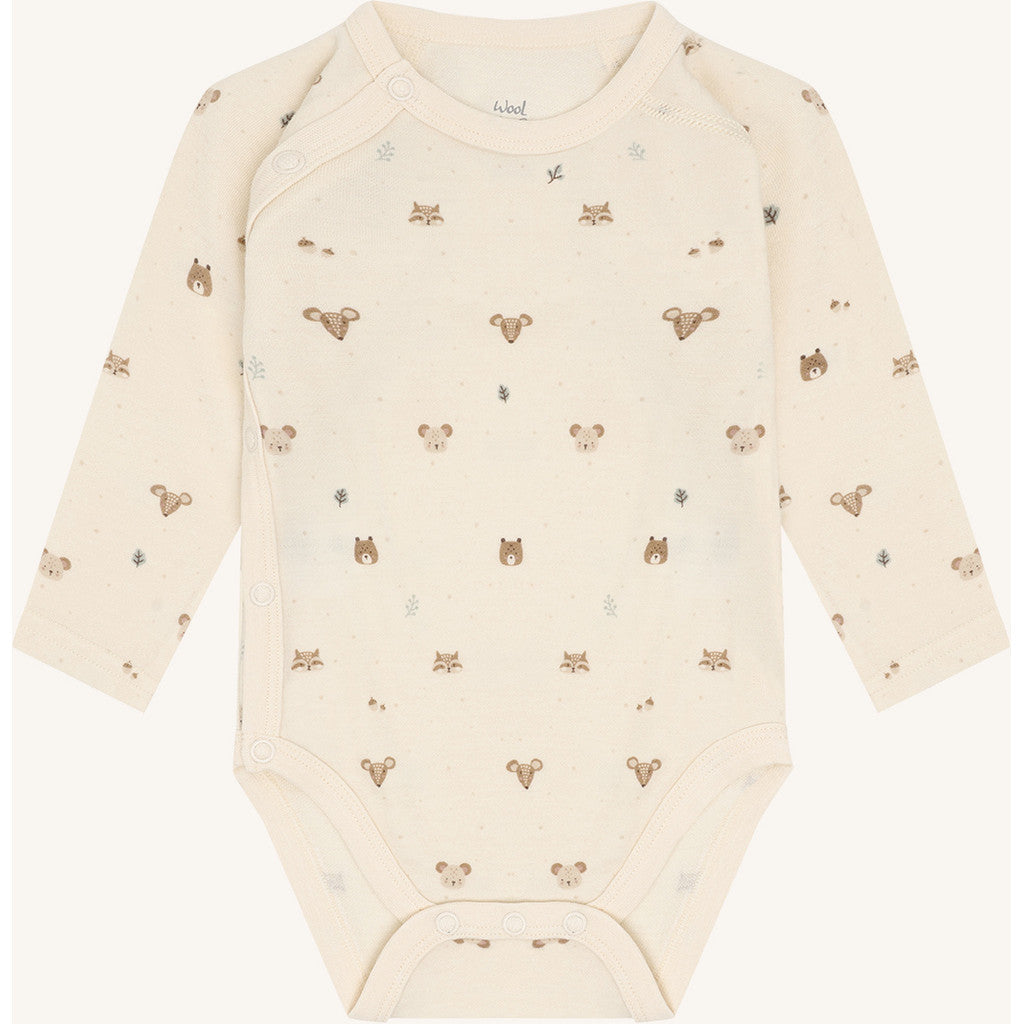Hust & Claire - Baby Wickelbody Wolle Waldtiere beige