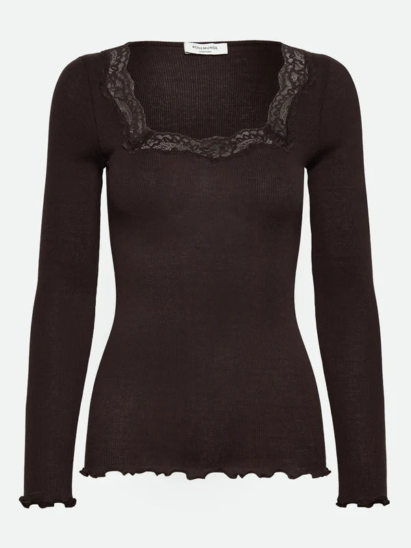 Rosemunde - Langarmshirt mit Spitze für Frauen in braun (vorne)