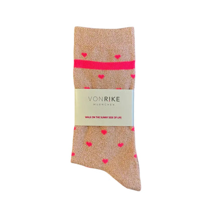 Von Rike - Damen Socken Glitzer Herz Neon Pink