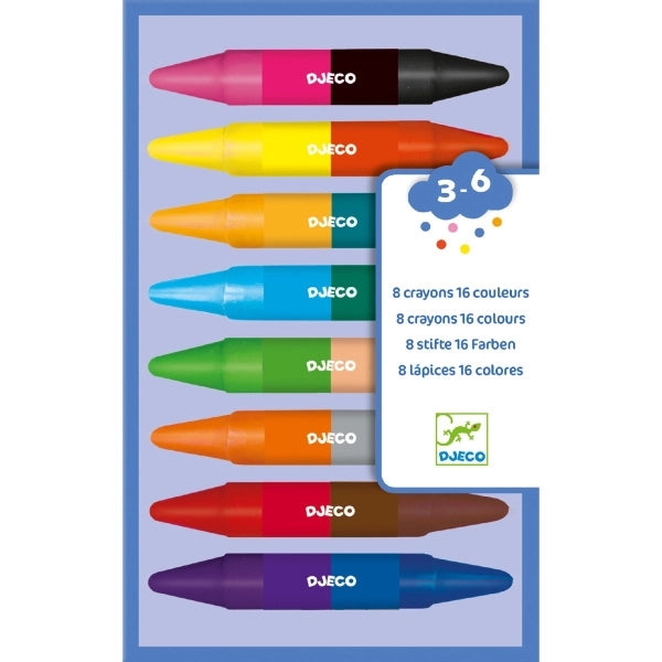 8 doppelseitige Wachsmalkreiden für 16 Farben! Es ist praktisch, um hübsche Zeichnungen anzufertigen oder auszumalen. Kurz und dick, liegen sie gut in den Händen der Kleinsten. Leuchtende Farben und widerstandsfähige Minen: Sie markieren sehr gut.