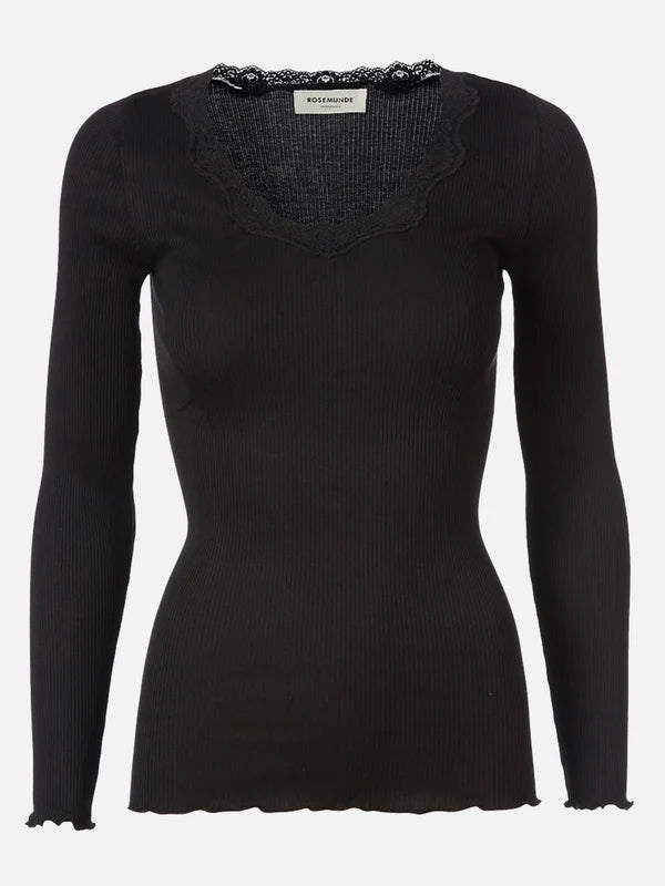 Rosemunde - Langarmshirt mit Spitze schwarz „Babette“