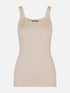 Tanktop mit rundem Ausschnitt, Spitzenträgern, Kräuselkante unten und ohne Seitennähte.
