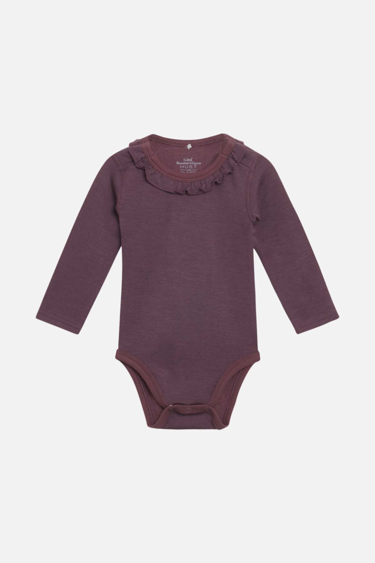 Baby Body Wolle/ Bambus plum mit Rüschenkragen, fair produziert von Hust and Claire