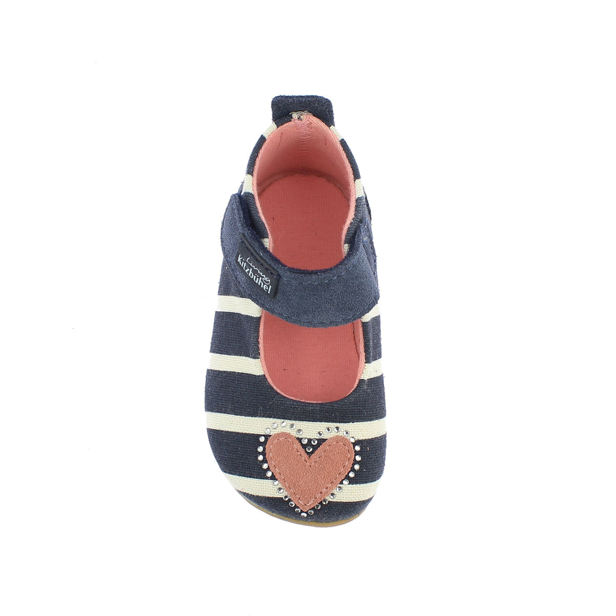 Baby und Kinder Hausschuhe in Streifen blau nature mit rosa Herz und Glitzer aus Baumwolle, fair produziert von Living Kitzbühel
