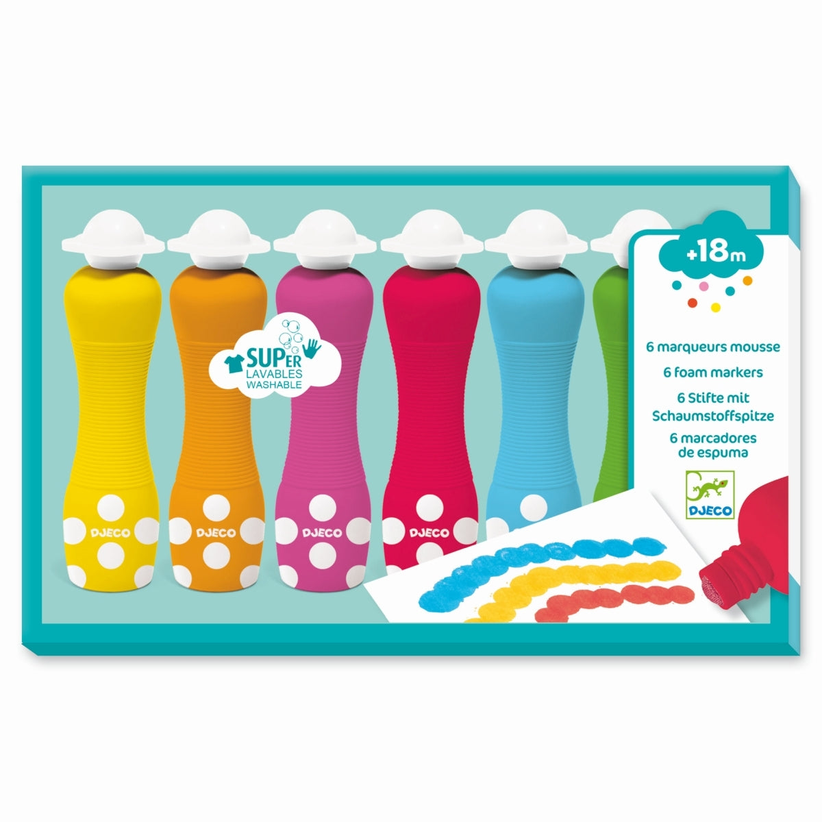 Große Schaumstoffmarker, geeignet für Kinder ab 18 Monaten. Das Kind macht hübsche Tupfen, um bunte Grafiken zu erstellen.  Mit ihrer ergonomischen Form liegen sie gut in den Händen der Kleinsten, um hübsche Zeichnungen oder Ausmalbilder anzufertigen. Eine abwaschbare Tinte, damit sie keine Flecken auf Kleidung oder Hände machen.